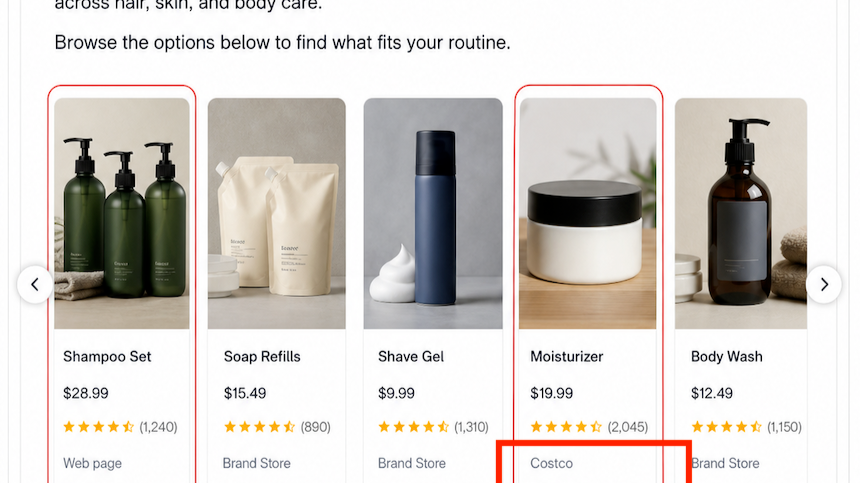 ChatGPT shopping carousel for a personal care brand — one product card sources from a generic Web page, another routes the sale through Costco
